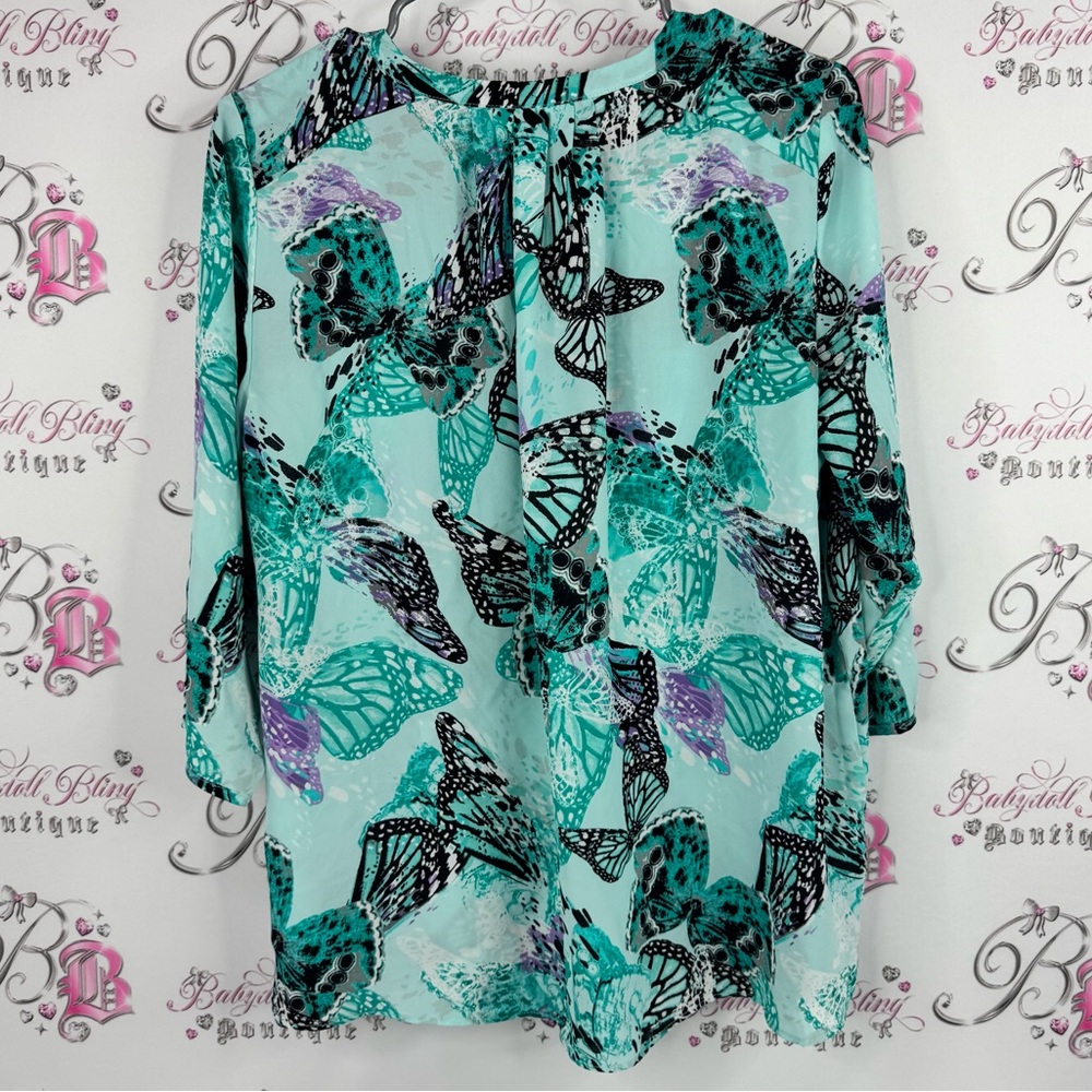 Northern Reflections top blouse long sleeve Teal Black Butterfly Blouse 🦋 - Picture 2 of 7